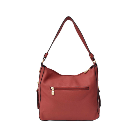 Red handbag with gold zippers on a white background - okotoks hc pharmacy