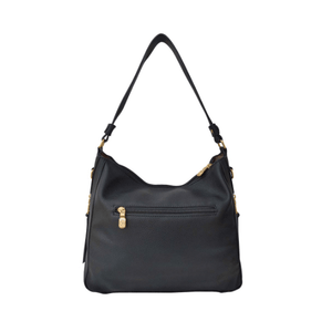 Black handbag with gold zippers on a white background - okotoks hc pharmacy