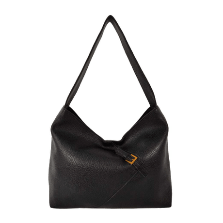 Black leather handbag with a visible brand logo on a white background - okotoks hc pharmacy