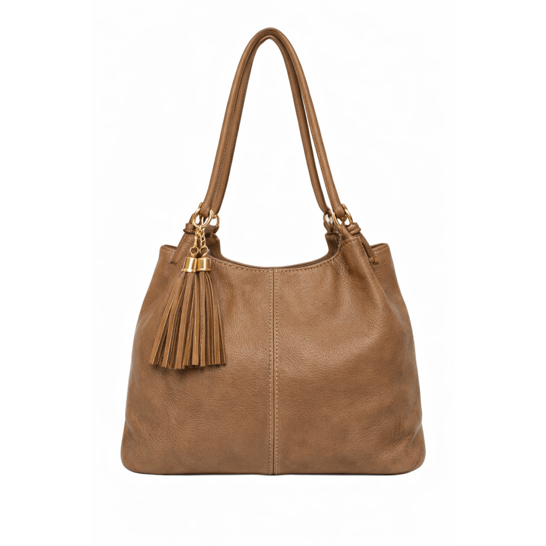 Brown handbag with a tassel on a white background - okotoks hc pharmacy