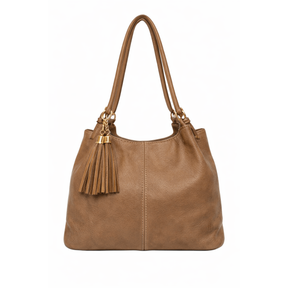 Brown handbag with a tassel on a white background - okotoks hc pharmacy