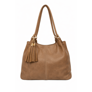 Brown handbag with a tassel on a white background - okotoks hc pharmacy