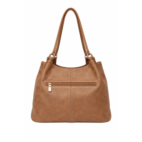 Brown leather handbag with a gold zipper on a white background - okotoks hc pharmacy