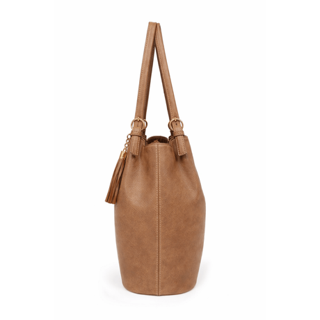 Brown leather tote bag with gold accents on a white background - okotoks hc pharmacy