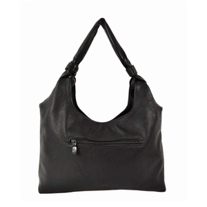 Black leather handbag with a braided handle on a white background - okotoks hc pharmacy