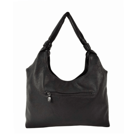 Black leather handbag with a braided handle on a white background - okotoks hc pharmacy