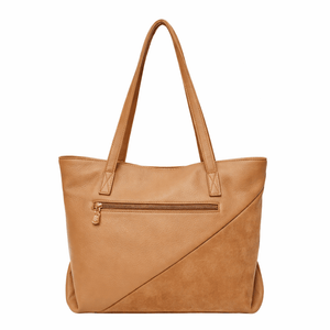 Tan leather tote bag with a zipper on a white background - okotoks hc pharmacy
