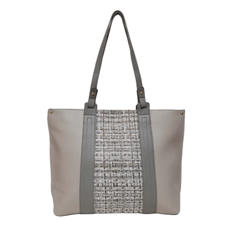 Gray tote bag with textured panel and shoulder strap on a white background - Okotoks hc pharmacy