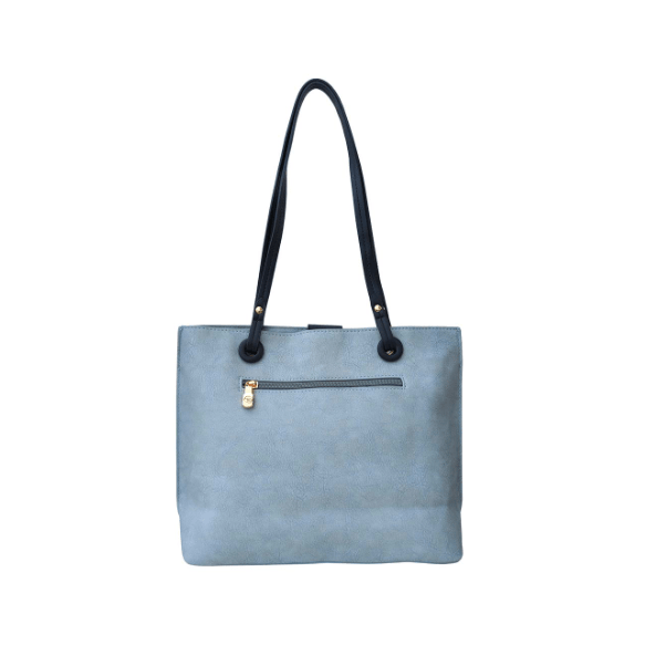 Light blue tote bag with black handles on a white background - okotoks hc pharmacy