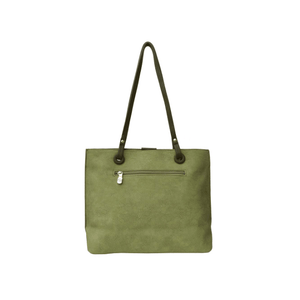 Green tote bag with a gold zipper on a white background - okotoks hc pharmacy