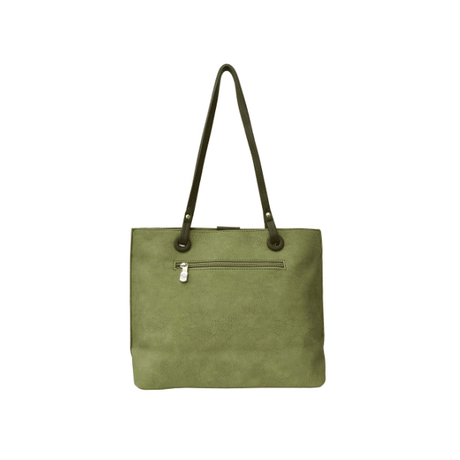 Green tote bag with a gold zipper on a white background - okotoks hc pharmacy