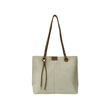 ivory tote bag with brown leather handle and trim on a white background - okotoks hc pharmacy