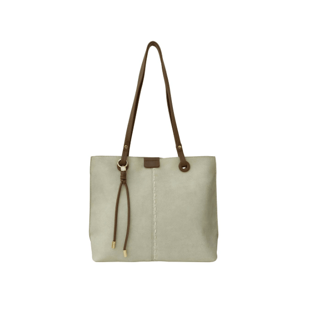 ivory tote bag with brown leather handle and trim on a white background - okotoks hc pharmacy