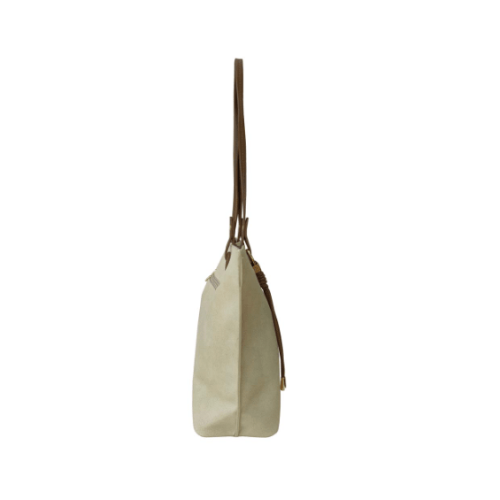 Beige handbag with brown handle on a white background - okotoks hc pharmacy