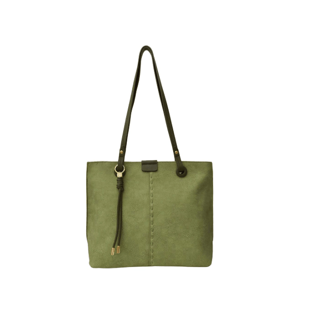 Green tote bag with a shoulder strap on a white background - okotoks hc pharmacy