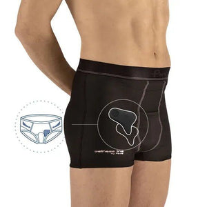 A man wearing black men's boxer briefs with a white printed anatomical graphic showing a pelvic floor exercise target. An inset diagram on the left shows the front view of the underwear. - okotoks hc pharmacy