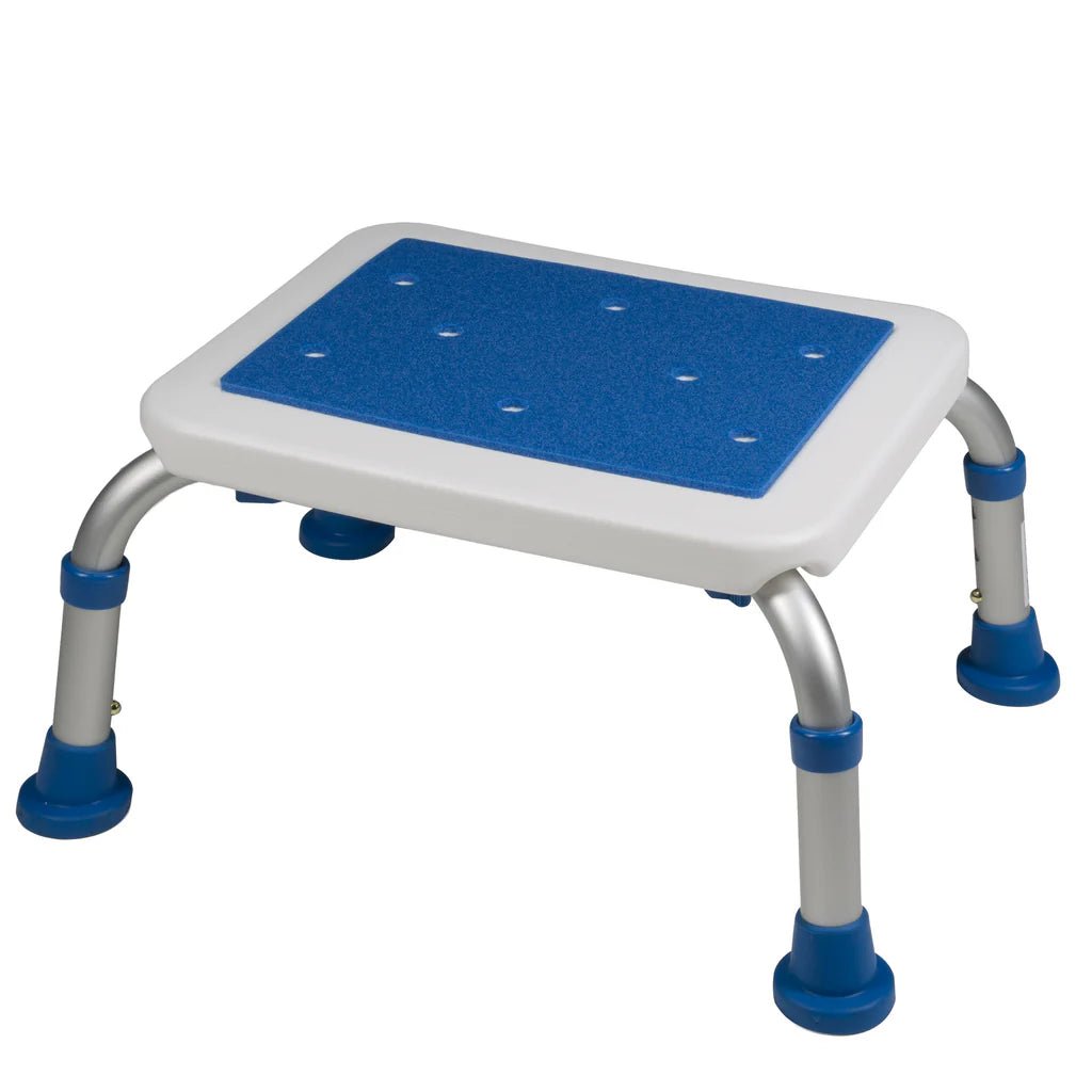 Step stool with blue platform and silver legs on a white background - okotoks hc pharmacy