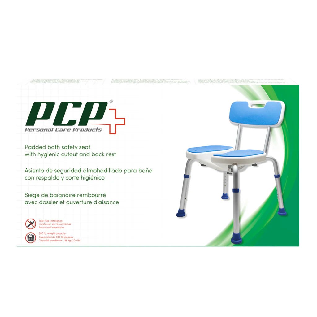 Padded bath safety seat with blue seat and backrest on a white background, featuring PCP branding. - okotoks hc pharmacy