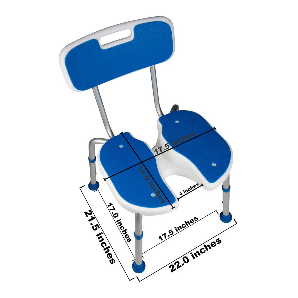 Blue and white shower seat with measurements on a white background - okotoks hc pharmacy