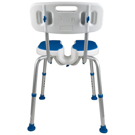 Medical shower chair with blue accents on a white background - okotoks hc pharmacy