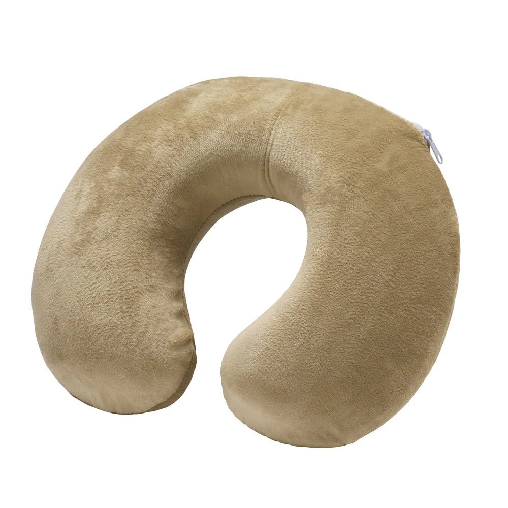 Beige U-shaped travel pillow on a white background - okotoks hc pharmacy