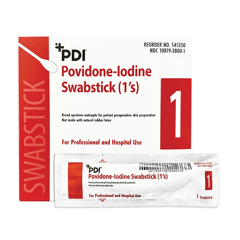 Povidone-Iodine Swabstick packaging with PDI branding on a white background - okotoks hc pharmacy