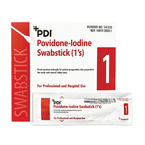 Povidone-Iodine Swabstick packaging with PDI branding on a white background - okotoks hc pharmacy