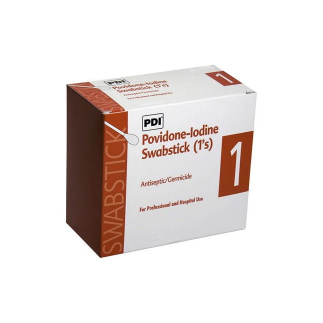 Box of Povidone-Iodine Swabsticks with PDI branding on a white background - okotoks hc pharmacy