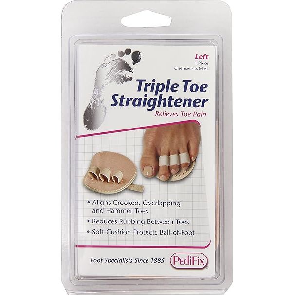 Triple Toe Straightener packaging with illustrations of a foot and toe straightener, and PediFix branding. - okotoks hc pharmacy