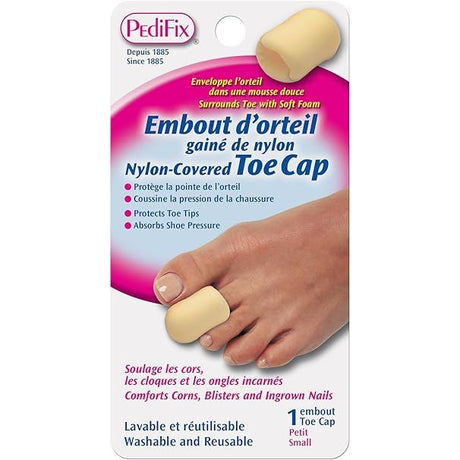 Pedifix nylon-covered toe cap packaging with a foot illustration on a pink background - okotoks hc pharmacy