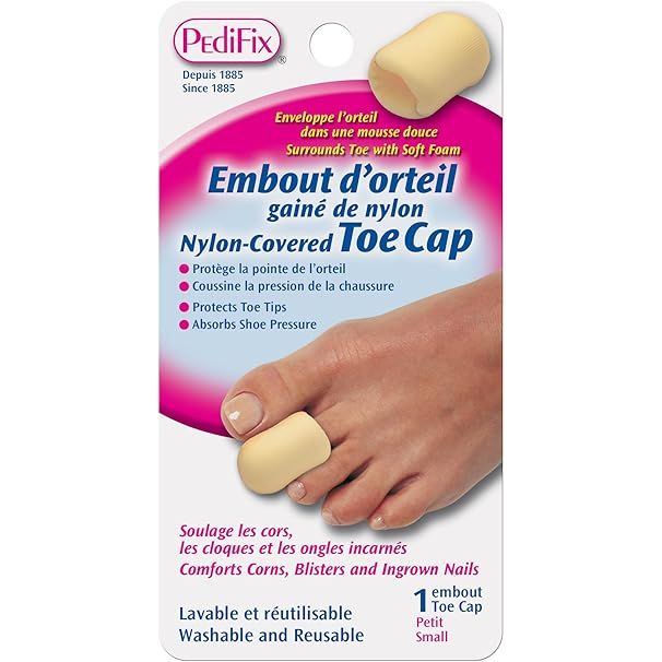 Pedifix nylon-covered toe cap packaging with a foot illustration on a pink background - okotoks hc pharmacy