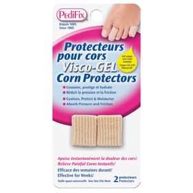 Pedicure corn protectors packaging with a hand holding a corn, on a white background - okotoks hc pharmacy