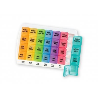 Multicolored weekly pill organizer on a white background - okotoks hc pharmacy