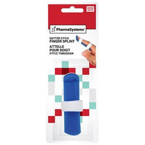 Blue finger splint in packaging with PharmaSystems branding on a white background - okotoks hc pharmacy