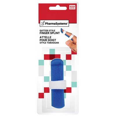 Blue finger splint in packaging with PharmaSystems branding on a white background - okotoks hc pharmacy
