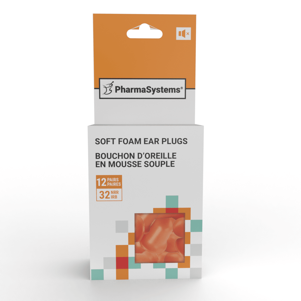 Packaging of PharmaSystems soft foam ear plugs on a white background - okotoks hc pharmacy