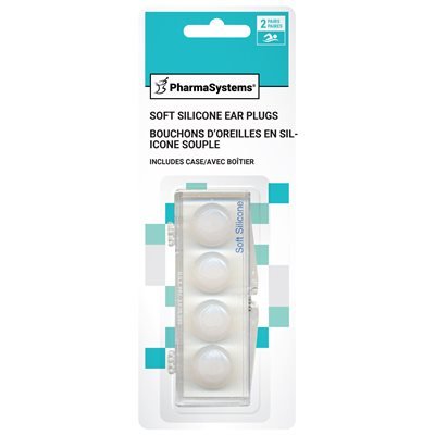 Packaging of soft silicone ear plugs with PharmaSystems branding on a white background - okotoks hc pharmacy