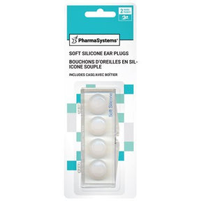 Packaging of soft silicone ear plugs with PharmaSystems branding on a white background - okotoks hc pharmacy