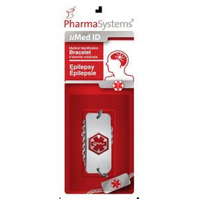 Red medical identification bracelet packaging for epilepsy with PharmaSystems branding. - okotoks hc pharmacy