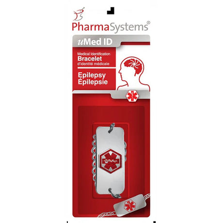 Red medical identification bracelet packaging for epilepsy with PharmaSystems branding. - okotoks hc pharmacy