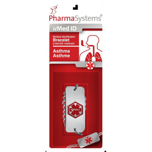 Red packaging of PharmaSystems Medical Identification Bracelet for Asthma on a white background - okotoks hc pharmacy