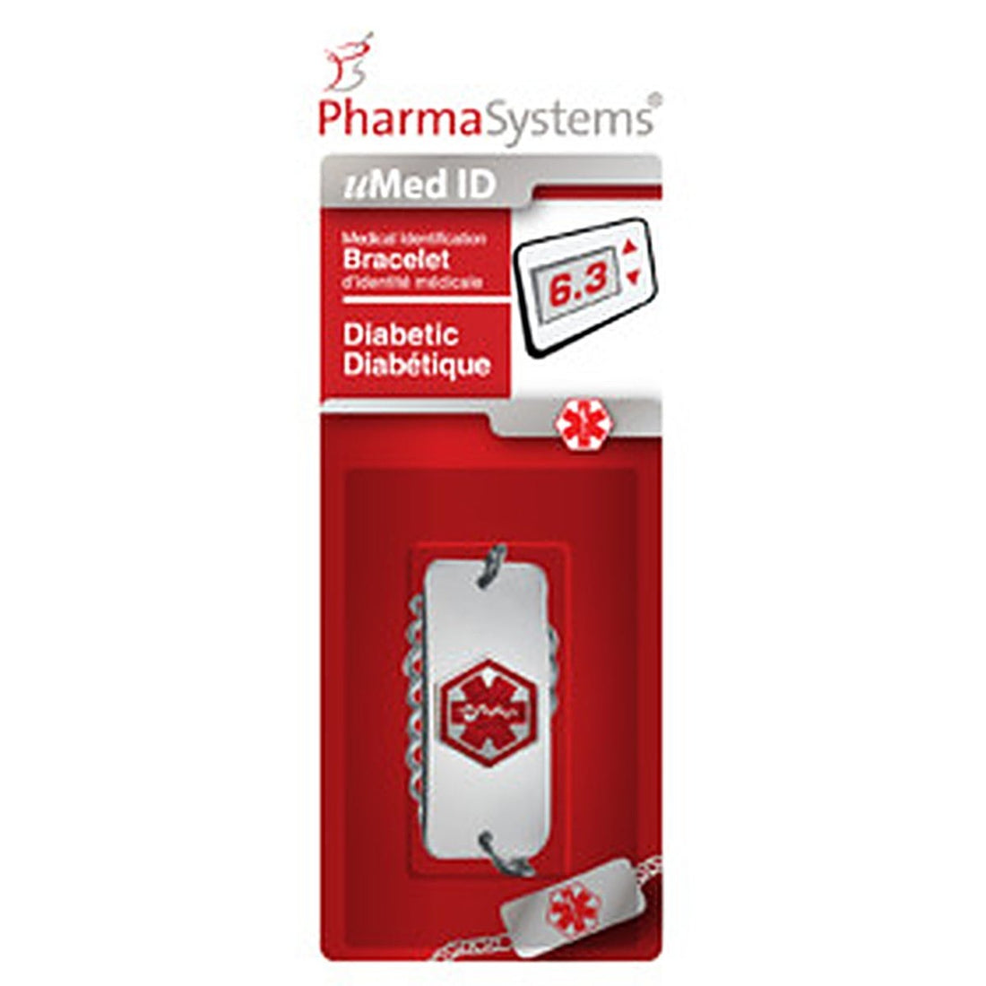 Medication identification bracelet packaging with PharmaSystems branding on a white background - okotoks hc pharmacy