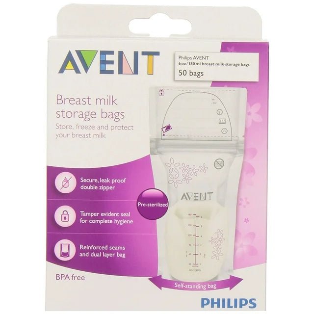 Philips Avent breast milk storage bags packaging with a clear bag showing on a white background - okotoks hc pharmacy
