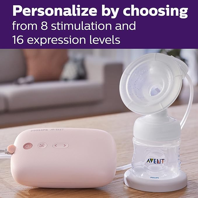 Philips Avent breast pump with control panel on a table, text about stimulation and expression levels. - okotoks hc pharmacy