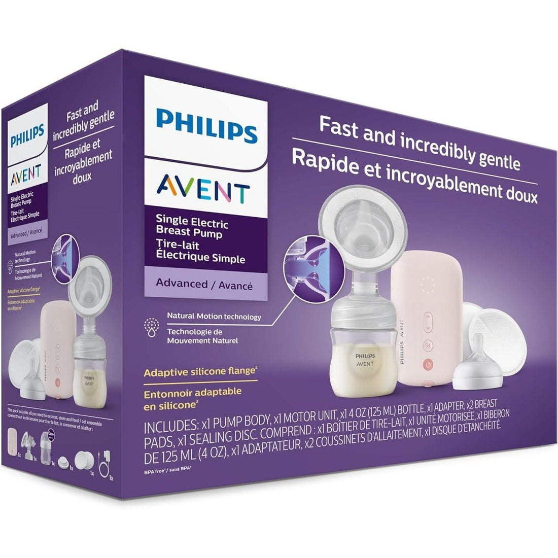 Philips Avent single electric breast pump packaging on a purple background - okotoks hc pharmacy