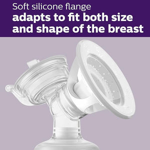 Silicone flange for breast pump on a purple background with text about adaptability. - okotoks hc pharmacy