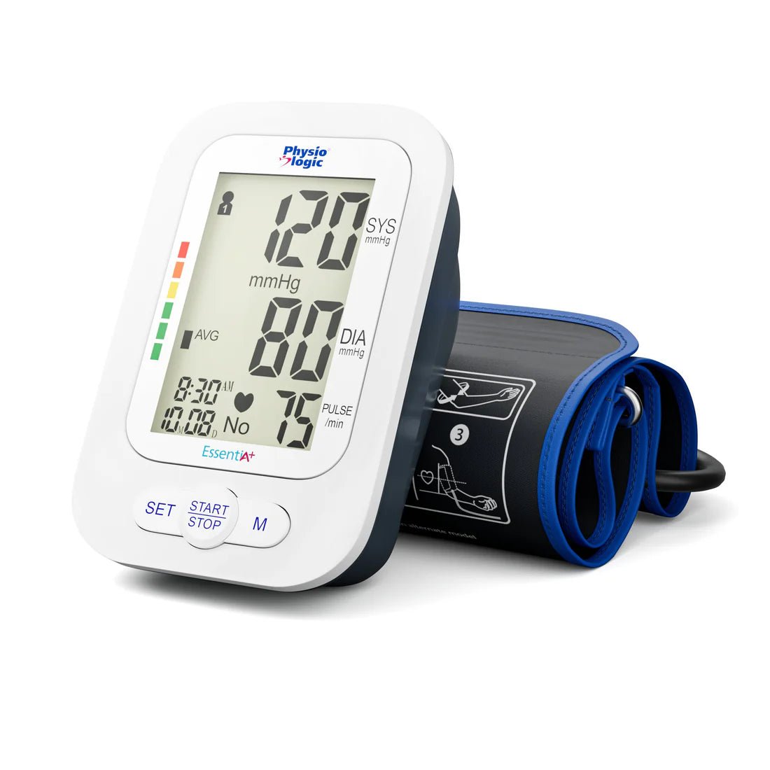 Digital blood pressure monitor with blue cuff on a white background - okotoks hc pharmacy