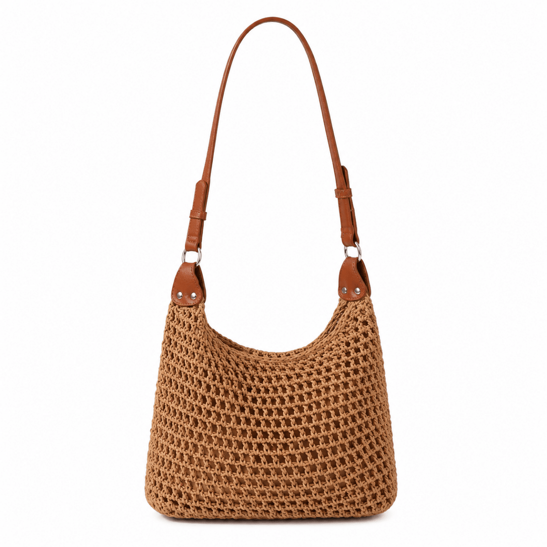 Brown woven handbag with leather straps on a white background - okotoks hc pharmacy
