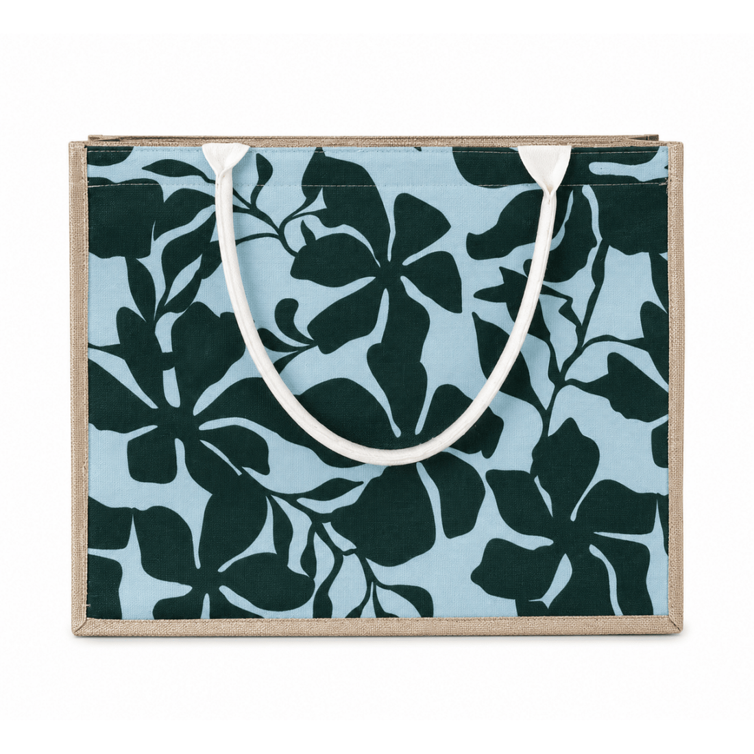 Floral-patterned bag with a white handle on a light blue background - okotoks hc pharmacy