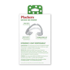 Plackers Grind No More Hygienic 3 Day Disposable dental guard packaging card, showing the product's green and white branding, a graphic of the curved dental guard, and detailed product information. - okotoks hc pharmacy